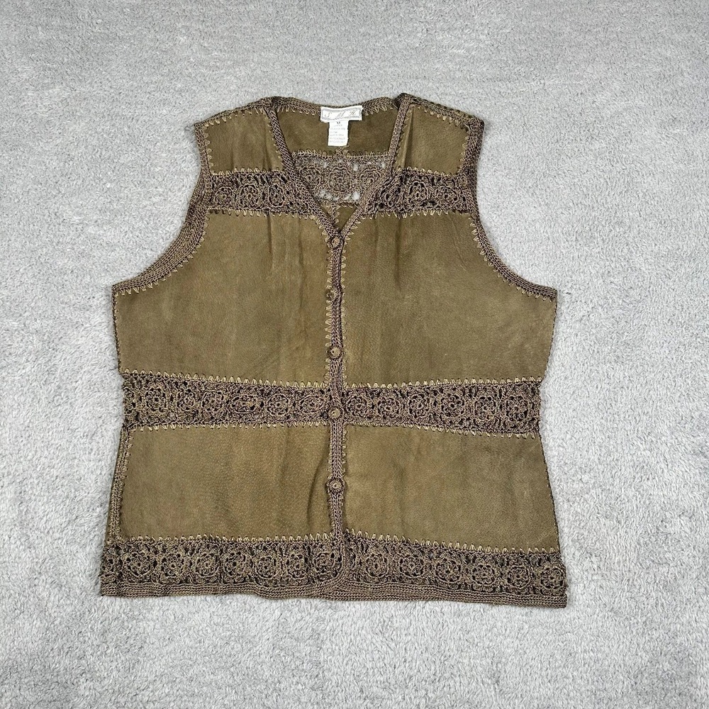 SMH Womens XL Olive Green Suede Leather Crochet Lace Boho Western‎ Button Vest
